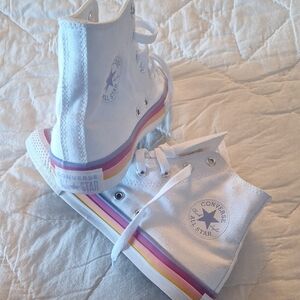 Converse Kids' White Sneakers with Rainbow Trim